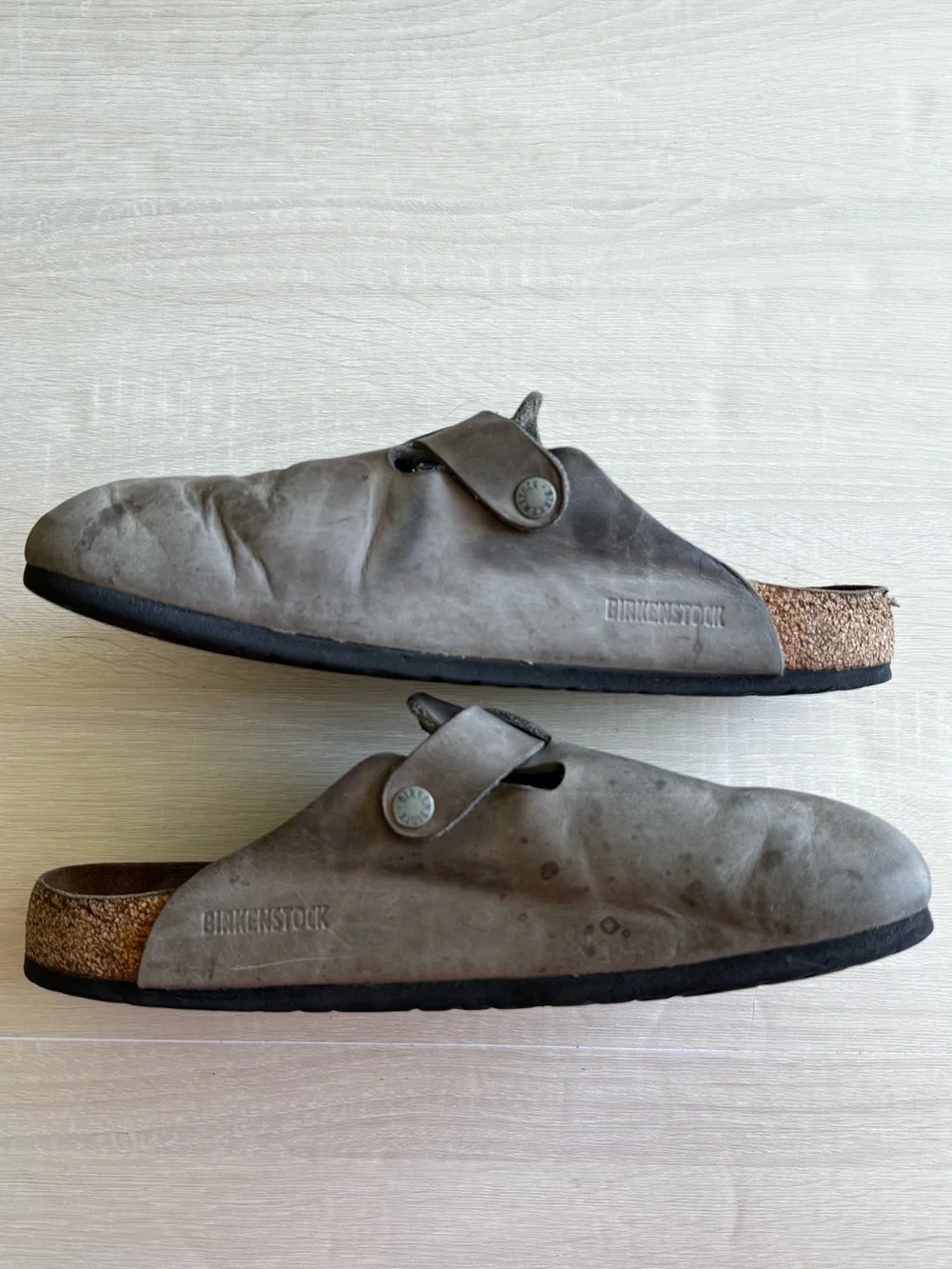 Birkenstock Boston Clogs Gray Taupe Leather Buckle Slip On Shoes Size 44